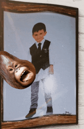 a picture of a boy in a suit and tie with a monkey sticking its head out of the frame