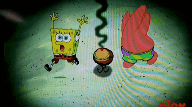 spongebob and patrick from spongebob squarepants are eating a hamburger .