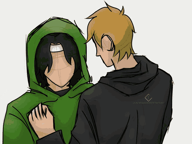 a drawing of a man in a green hoodie and a man in a black hoodie with the word jay on the bottom