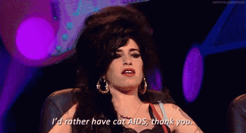 a woman is sitting in a chair and saying `` i 'd rather have cat aids , thank you ''