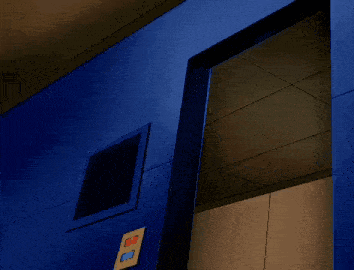 a cartoon character standing in front of a blue door