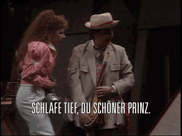 a man and a woman standing next to each other with the words schlafe tief du schoner prinz written on the bottom