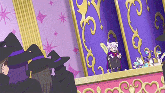 a group of witches are standing in front of a purple wall