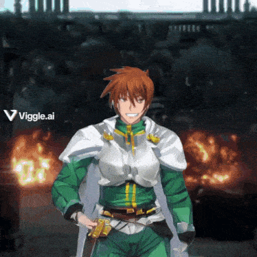a man in a green and white outfit is standing in front of a fire with the words viggle.ai below him