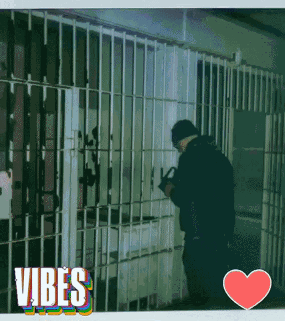 a picture of a man in a jail cell with the words vibes on the bottom