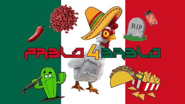 a cartoon of a chicken wearing a sombrero with the words pablo 4pablo written below it
