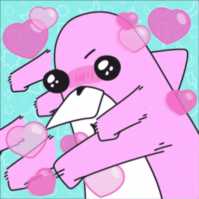 a cartoon drawing of a pink penguin with the word im1 on its face