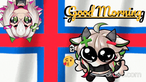 a cartoon character with horns and the words good morning on the bottom