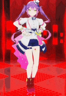 a girl with purple hair and yellow eyes is standing on a red background