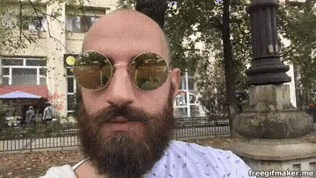 a bald man with a beard wearing sunglasses is standing in a park .