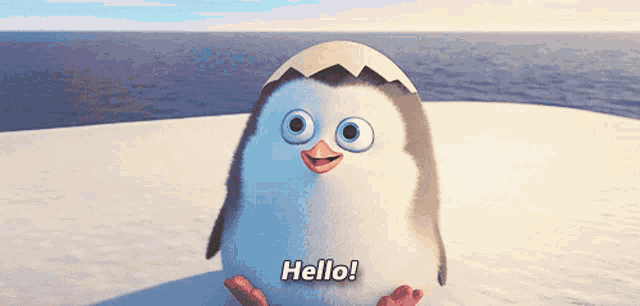 a cartoon penguin says hello in front of a body of water