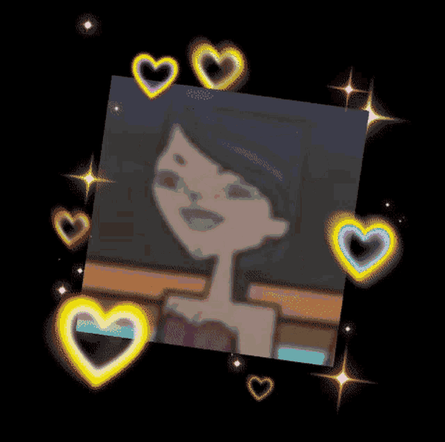 a picture of a cartoon character with hearts around it