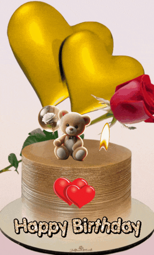 a happy birthday card with a teddy bear and hearts on a cake