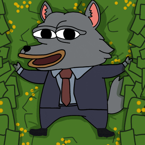 a cartoon of a wolf in a suit and tie surrounded by money