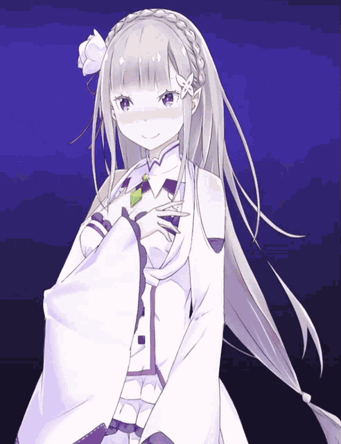 a girl with white hair and purple eyes is wearing a white and purple outfit