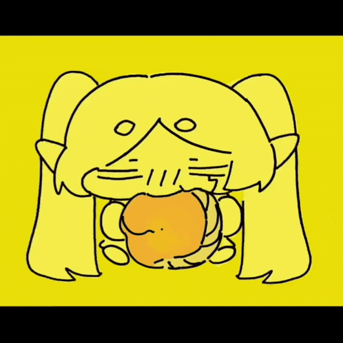 a drawing of a yellow cartoon character holding an orange object in her mouth .