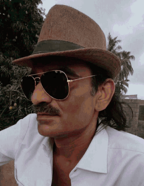 a man wearing a hat and sunglasses with a mustache