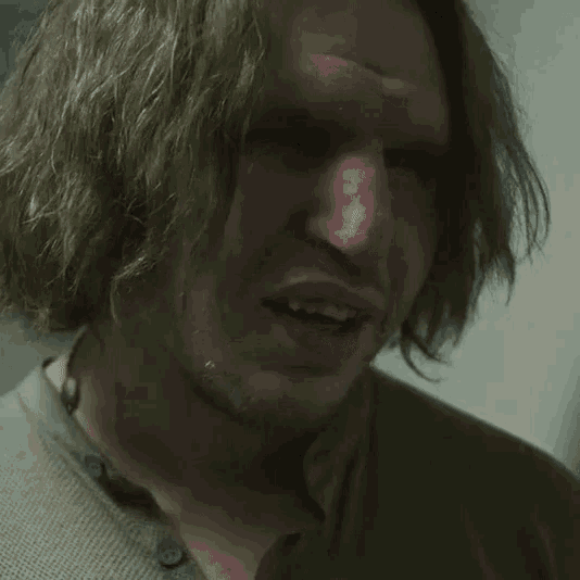 a close up of a man 's face with long hair and a beard