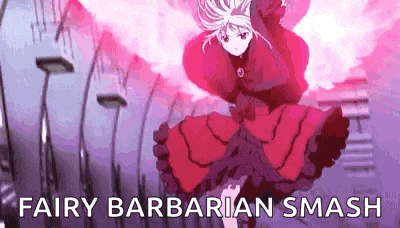 a fairy barbarian smash gif with a fairy in a red dress .