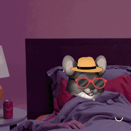 a cartoon mouse wearing sunglasses and a hat is laying in bed