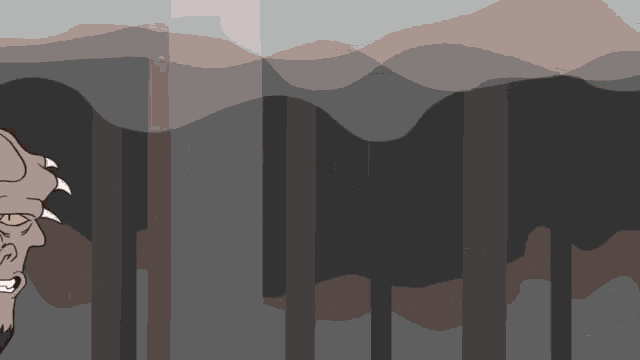 a cartoon drawing of a monster with sharp claws and yellow eyes standing in a dark forest .