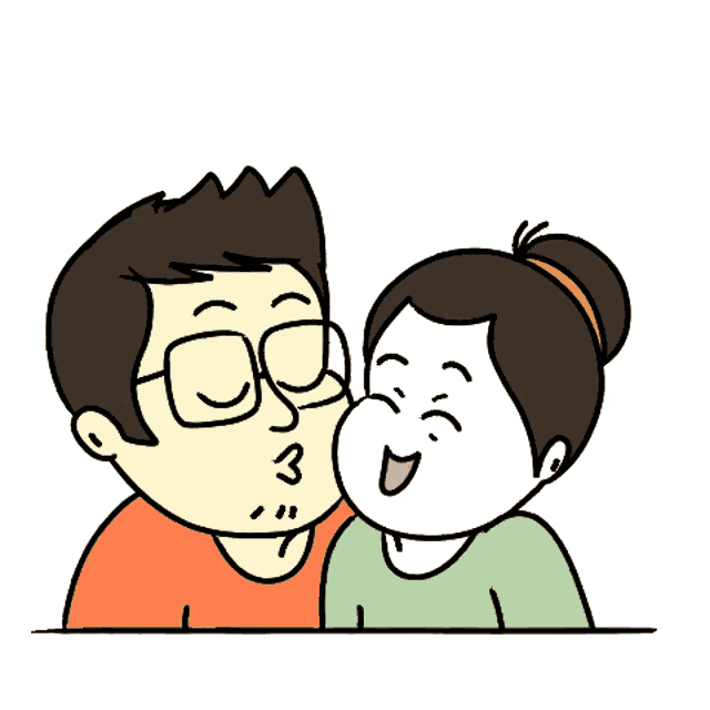 a cartoon of a man kissing a woman on the cheek with a butterfly flying in the background