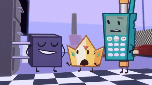three cartoon characters are standing next to each other including a phone