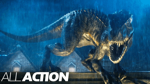 a picture of a dinosaur with the words all action underneath it