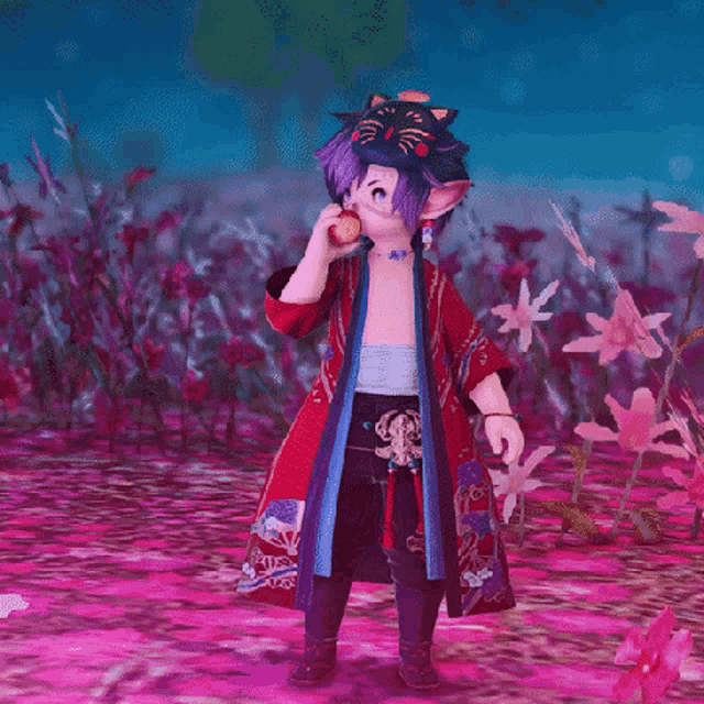 a little girl with purple hair and a cat mask on her head is standing in a field of pink flowers