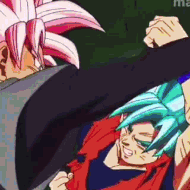 a cartoon of a man with pink hair and a blue haired man fighting each other .