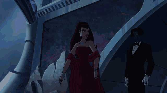 a woman in a red dress is holding a glowing pink object
