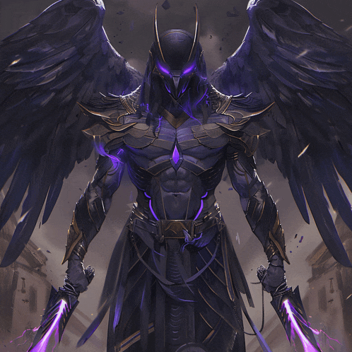 a man with wings is holding a pair of purple knives
