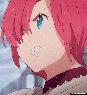 a close up of a pink haired anime character with nostalgiabookworm written on the bottom right