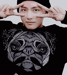 a man wearing a black sweater with a pug on it making a peace sign