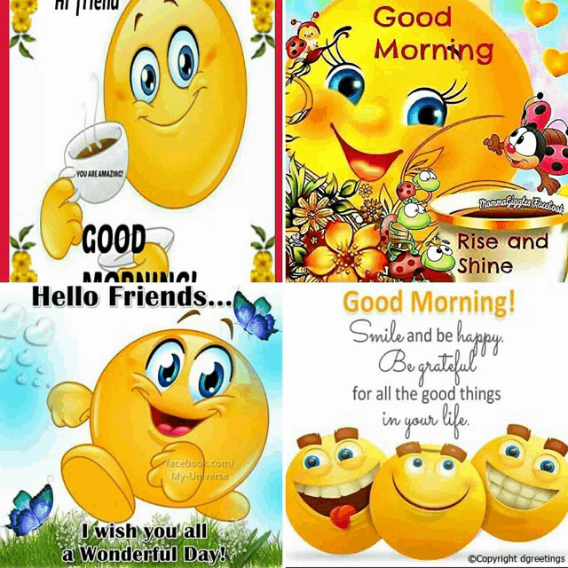 a collage of smiley faces that say good morning