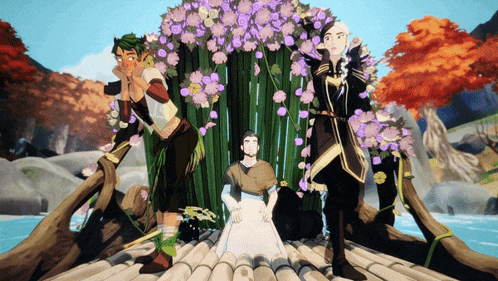 a group of cartoon characters are posing for a picture with flowers in the background