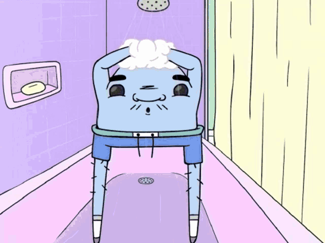 a cartoon of a person taking a shower with soap coming out of the shower head