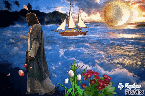 a picture of jesus walking on the beach with flowers and a boat in the background