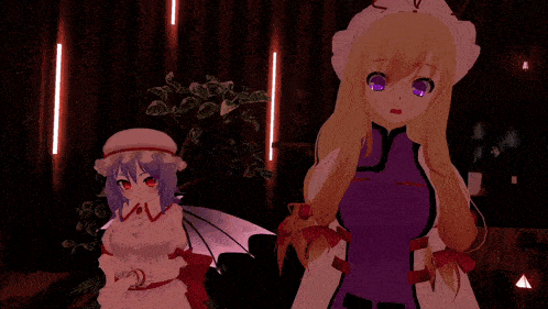 a cartoon character with purple eyes is standing next to another character