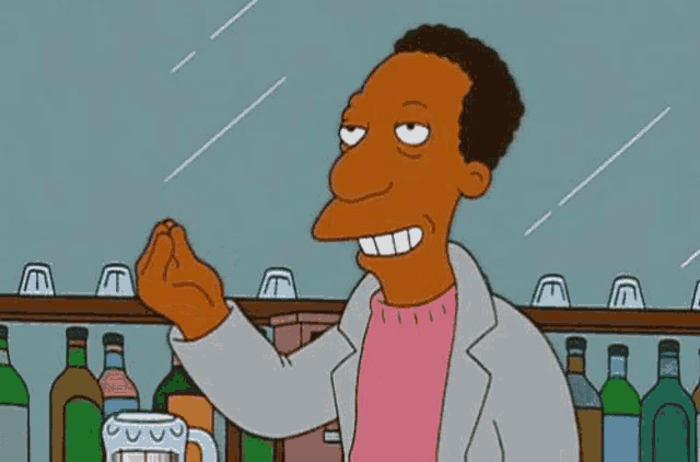 a cartoon of a man sitting at a bar with bottles of alcohol .