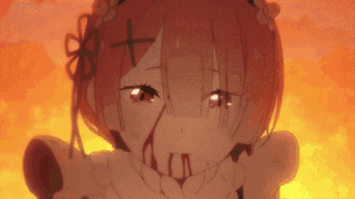 a girl with red hair and a cross on her head