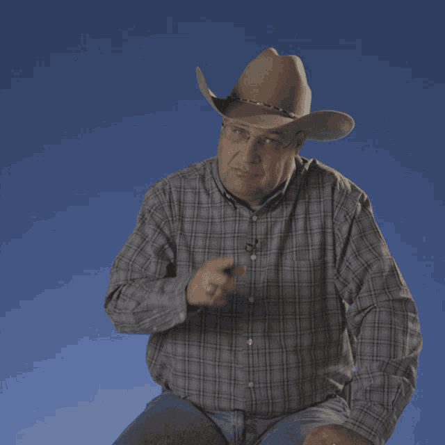 a man wearing a plaid shirt and a cowboy hat points at something