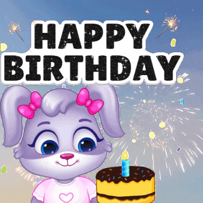 a happy birthday card with a bunny holding a cake with a candle on it