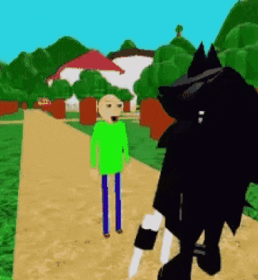 a man in a green shirt is standing next to a black wolf holding a knife in a video game .