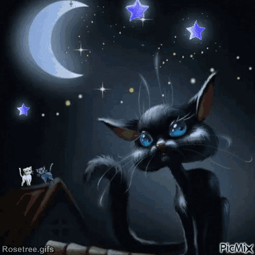 a black cat with blue eyes is sitting on a roof at night with a crescent moon in the background