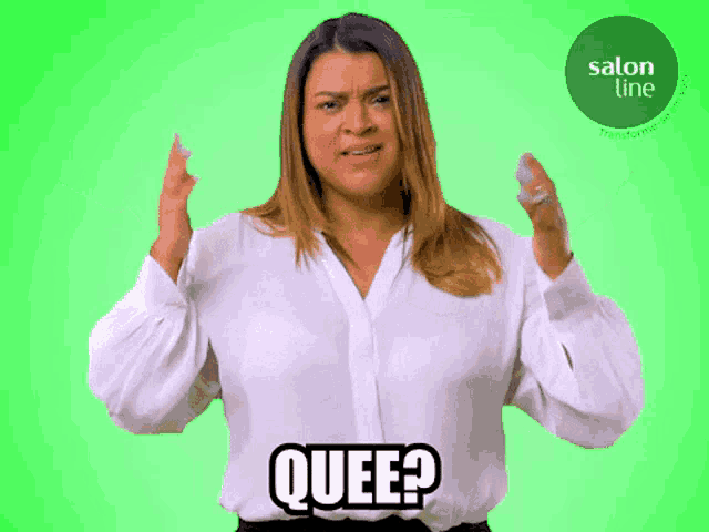 a woman in a white shirt says quee in black letters