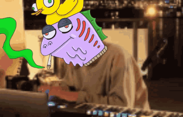 a cartoon drawing of a person with a purple monster head