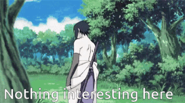 a man is standing in a field with the words nothing interesting here