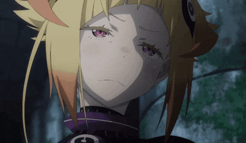 a close up of a girl with purple eyes and a g on her chest