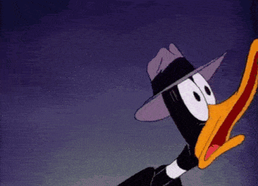 a cartoon duck wearing a hat and a red scarf around its mouth